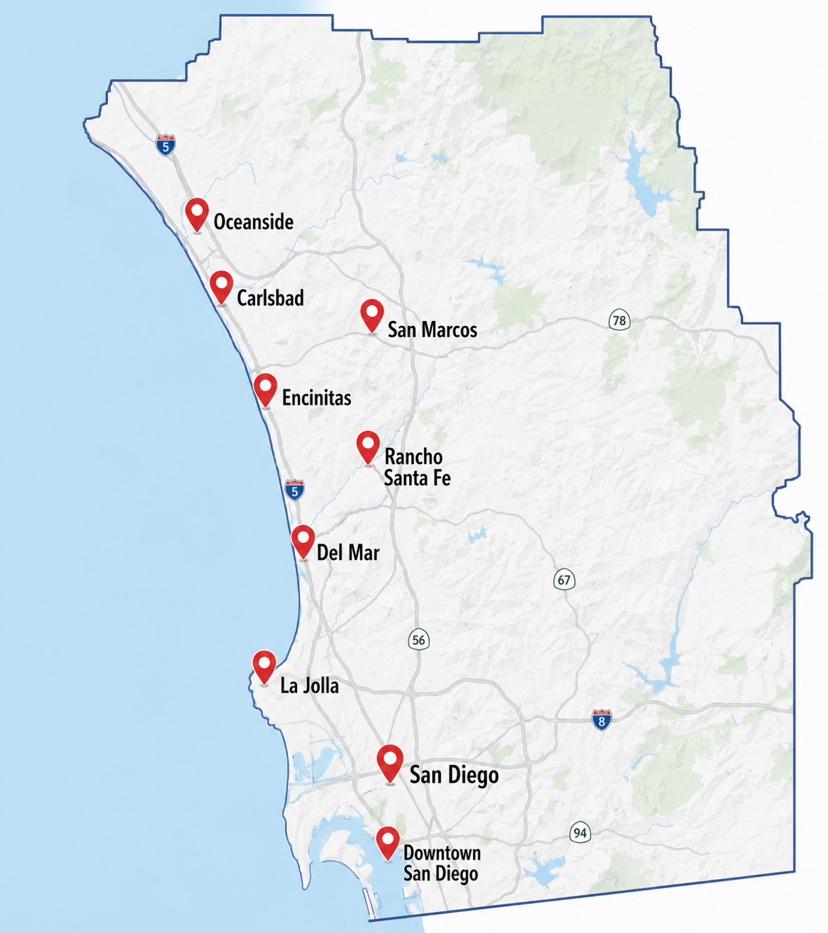 Map showing apostille service coverage throughout San Diego County including San Diego Carlsbad Encinitas Oceanside Rancho Santa Fe La Jolla and Del Mar